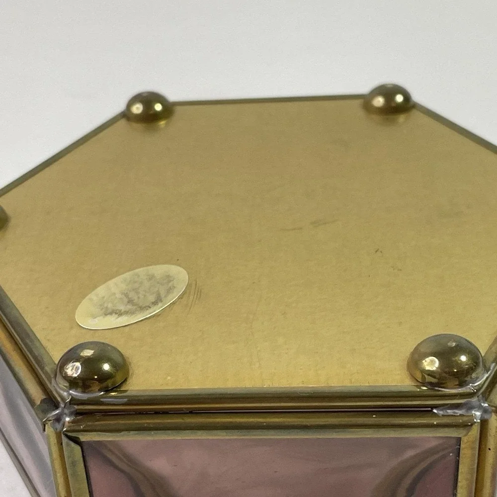 Vintage Purple Glass Jewelry Box Etched Flower Mirrored Brass Base Hexagon
